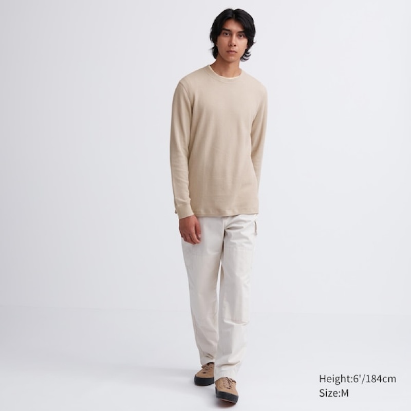 Uniqlo Waffle Crew Neck Long-Sleeve T Shirts Herre Beige | 1657-ITKMF