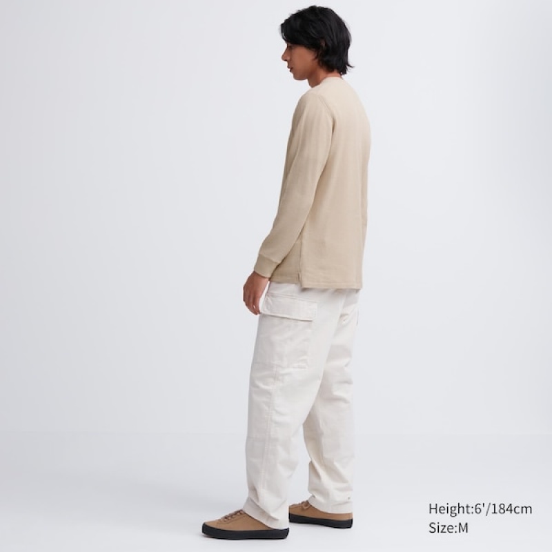 Uniqlo Waffle Crew Neck Long-Sleeve T Shirts Herre Beige | 1657-ITKMF