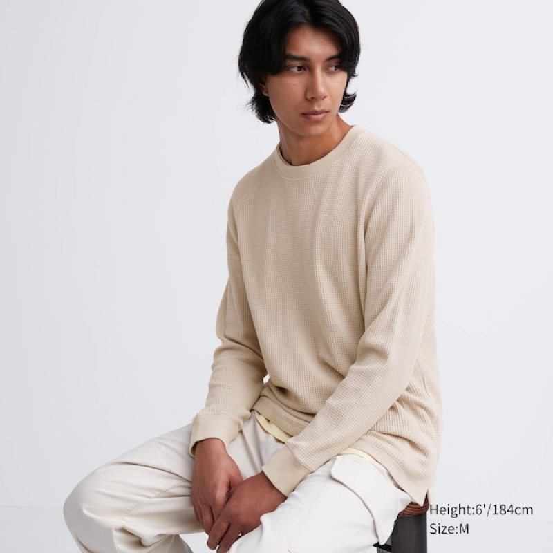 Uniqlo Waffle Crew Neck Long-Sleeve T Shirts Herre Beige | 1657-ITKMF