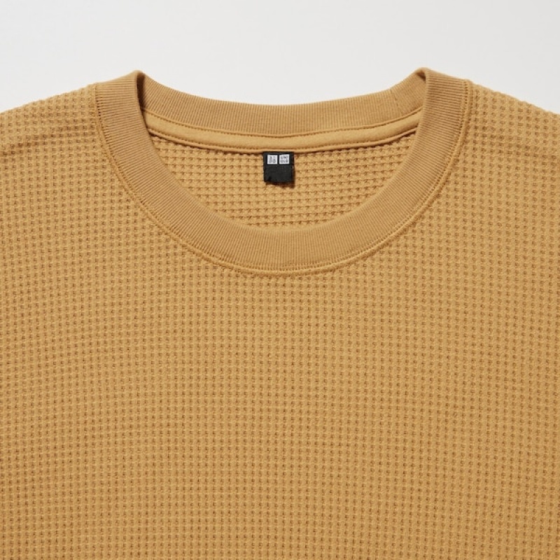 Uniqlo Waffle Crew Neck Long-Sleeve T Shirts Herre Gul | 4510-KXQSF