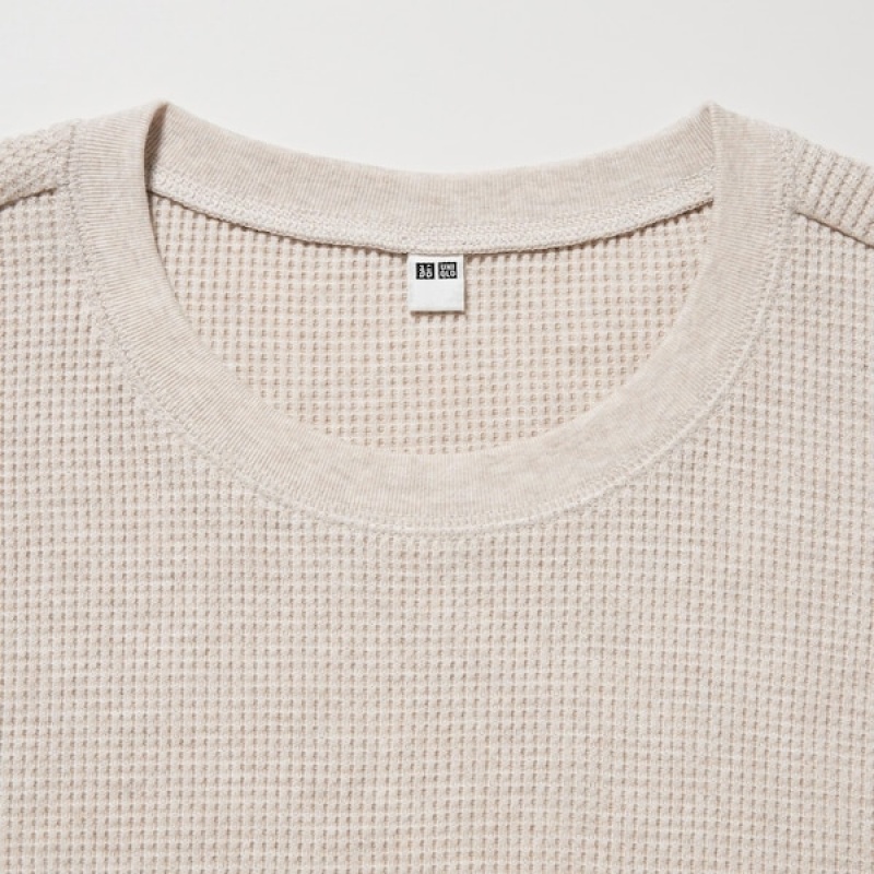 Uniqlo Waffle Crew Neck Long-Sleeve T Shirts Dame Beige | 1643-SXPLM