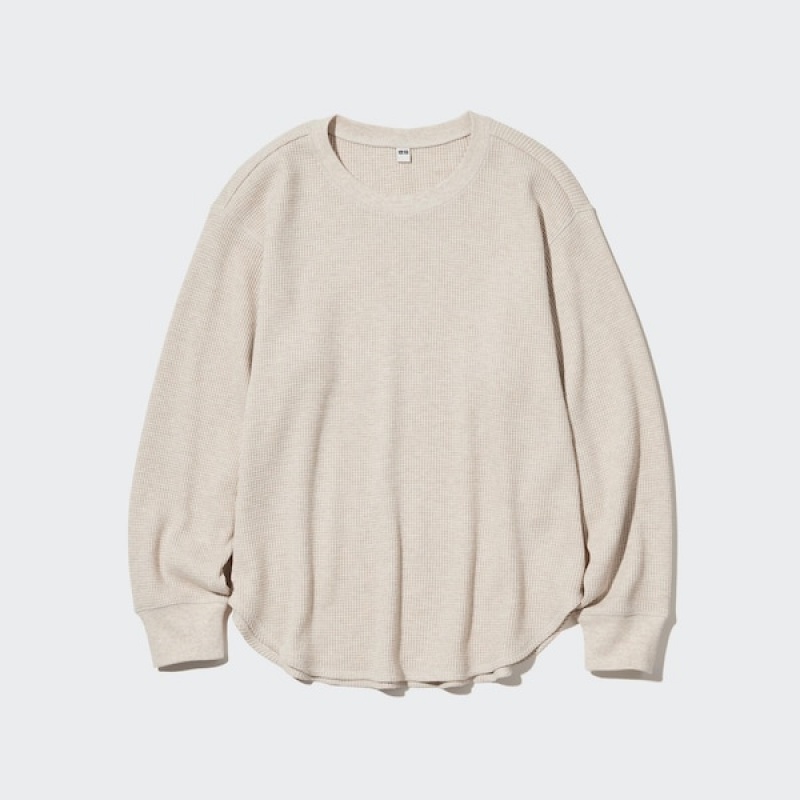 Uniqlo Waffle Crew Neck Long-Sleeve T Shirts Dame Beige | 1643-SXPLM