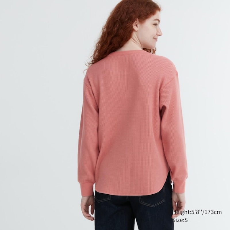 Uniqlo Waffle Crew Neck Long-Sleeve T Shirts Dame Lyserød | 2841-SNVBW