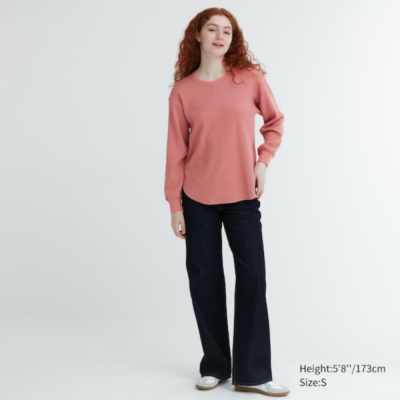 Uniqlo Waffle Crew Neck Long-Sleeve T Shirts Dame Lyserød | 2841-SNVBW