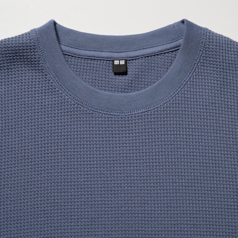 Uniqlo Waffle Crew Neck Long-Sleeve T Shirts Dame Blå | 6710-AEXCS