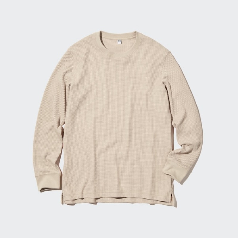 Uniqlo Waffle Crew Neck Long-Sleeve T Shirts Dame Beige | 1275-RVNJT