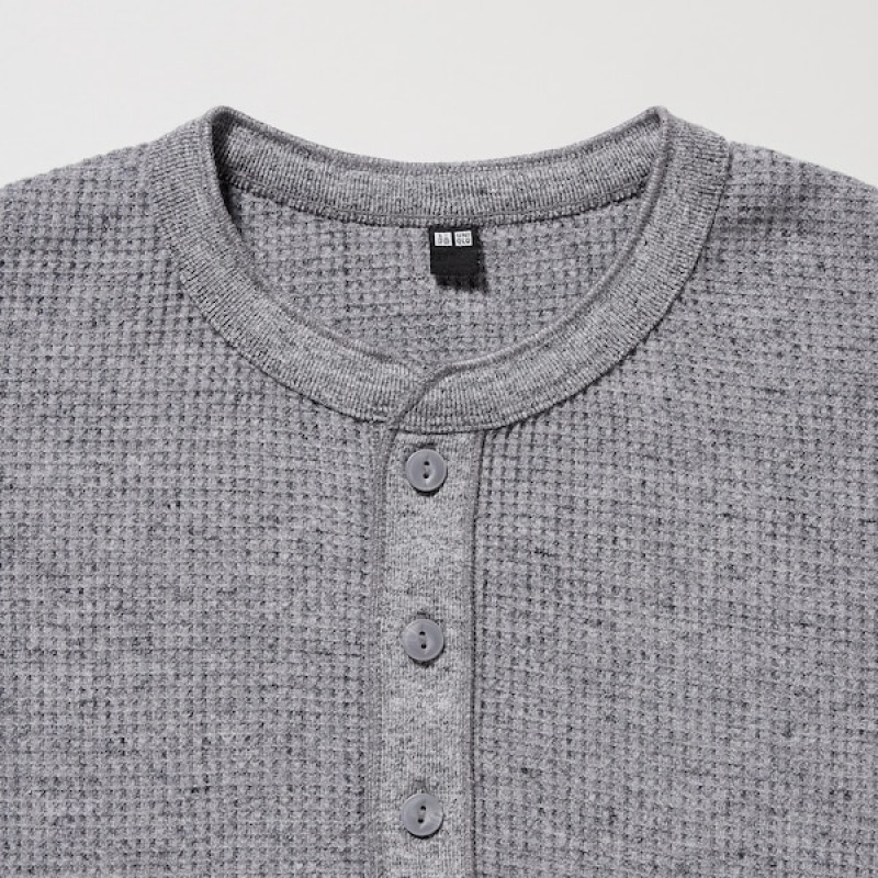 Uniqlo Waffle Henley Neck Long-Sleeve T Shirts Herre Blå | 6310-BMKAU