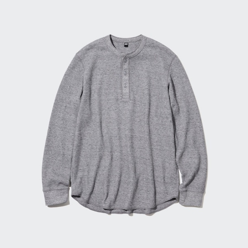 Uniqlo Waffle Henley Neck Long-Sleeve T Shirts Herre Blå | 6310-BMKAU