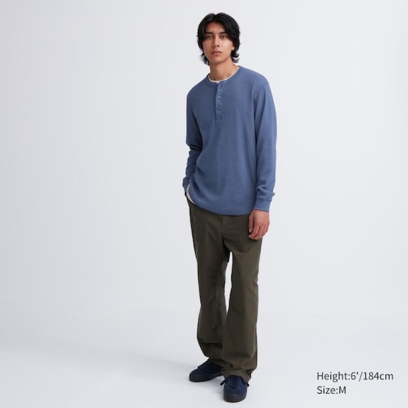 Uniqlo Waffle Henley Neck Long-Sleeve T Shirts Herre Blå | 7248-LOHRT