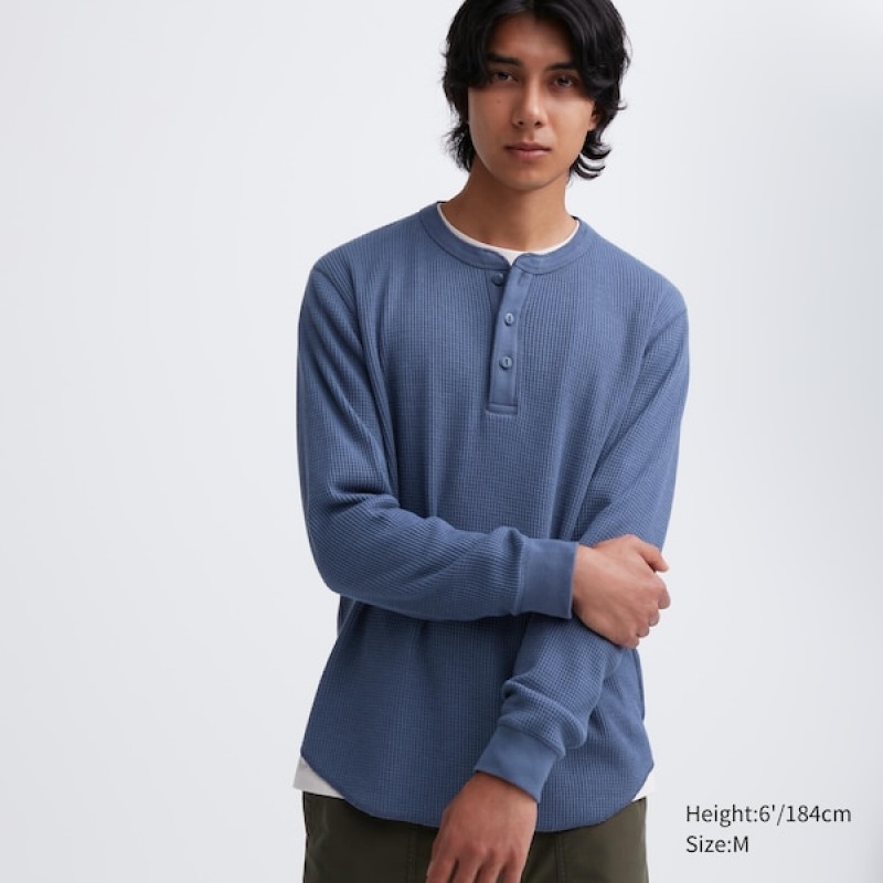 Uniqlo Waffle Henley Neck Long-Sleeve T Shirts Herre Blå | 7248-LOHRT