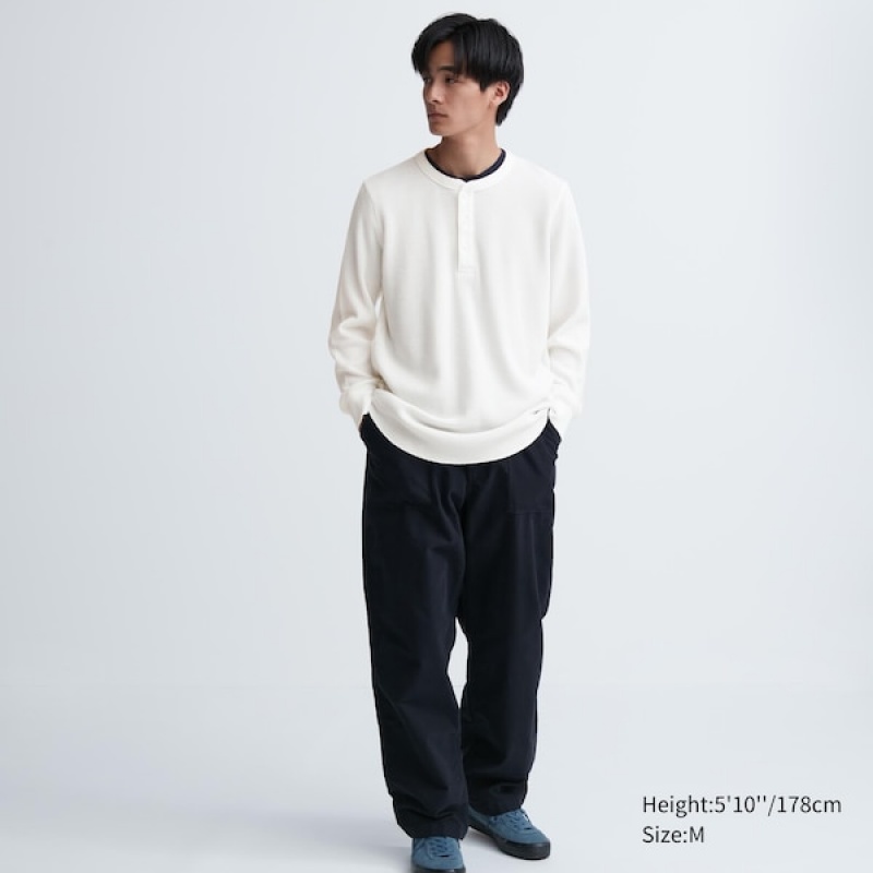 Uniqlo Waffle Henley Neck Long-Sleeve T Shirts Herre Hvide | 3629-FUQOJ