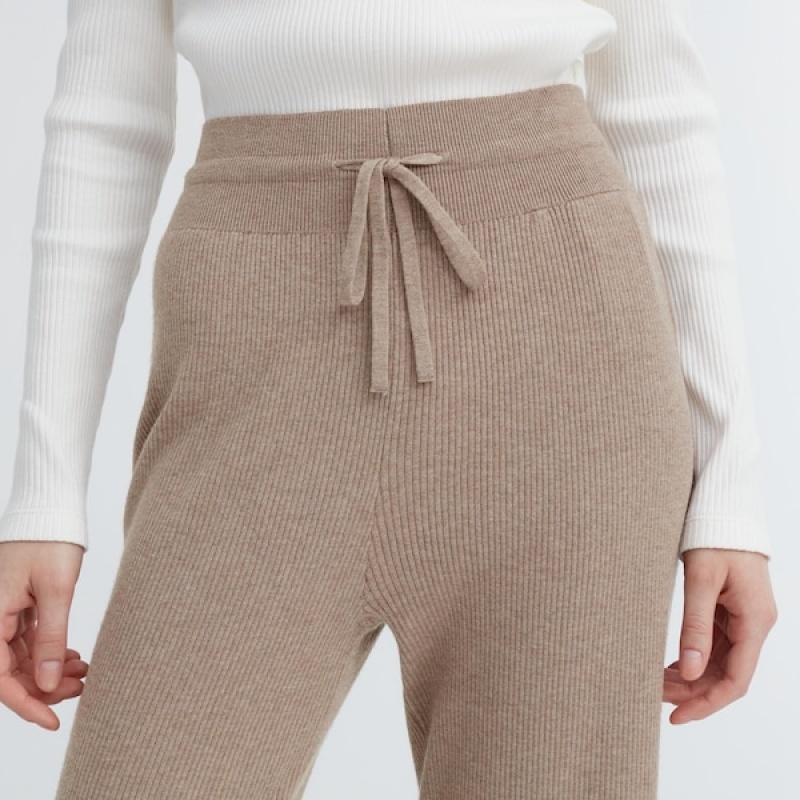 Uniqlo Washable Knit Ribbet Bukser Dame Beige | 3087-MHZOV