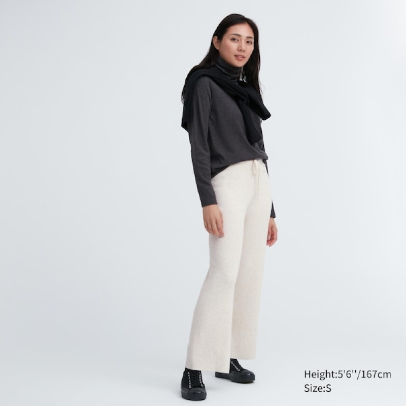 Uniqlo Washable Knit Ribbet Bukser Dame Hvide | 5763-XCWNA