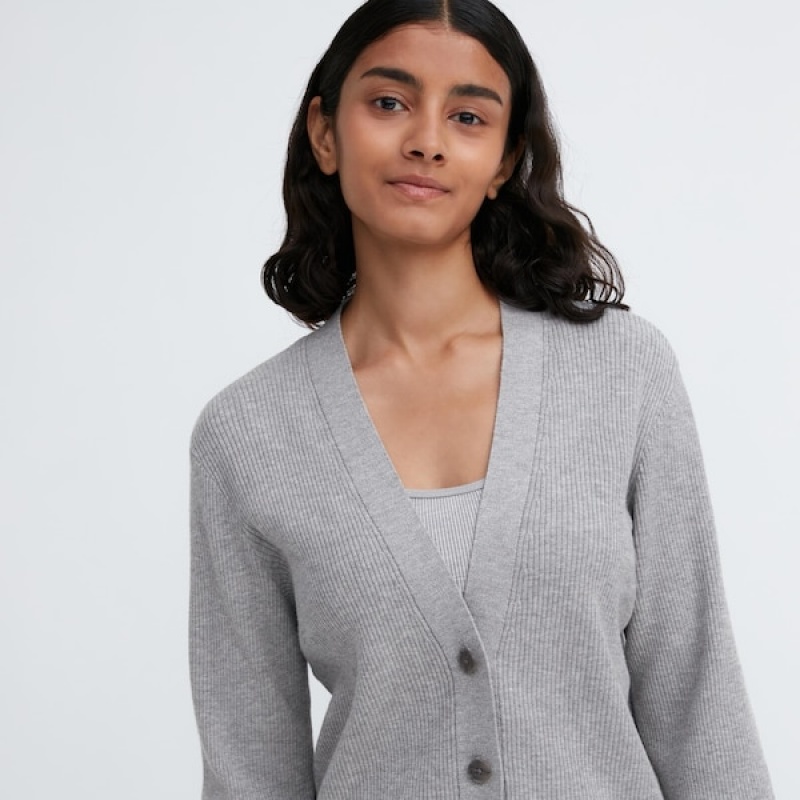 Uniqlo Washable Knit Ribbet Long-Sleeve Cardigan Dame Grå | 9082-SLPNQ