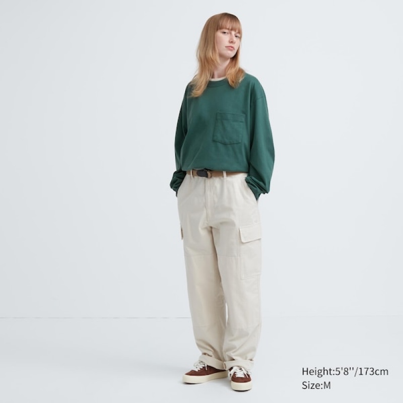 Uniqlo Washed Bomulds Crew Neck Long-Sleeve T Shirts Dame Grøn | 4092-LQBRT