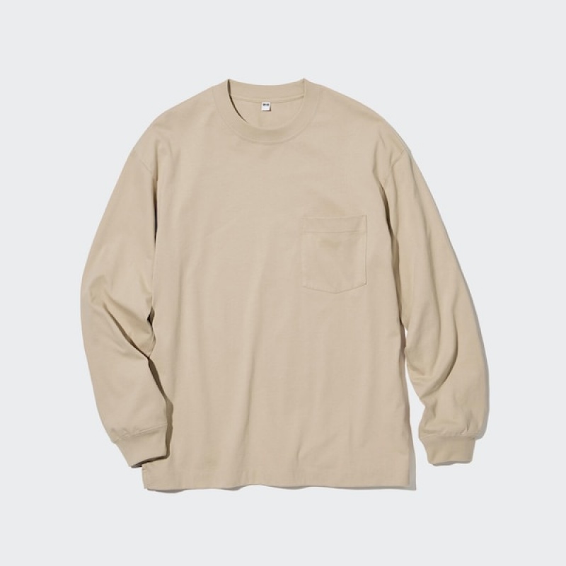 Uniqlo Washed Bomulds Crew Neck Long-Sleeve Sweatshirts Herre Beige | 5163-TZIRL