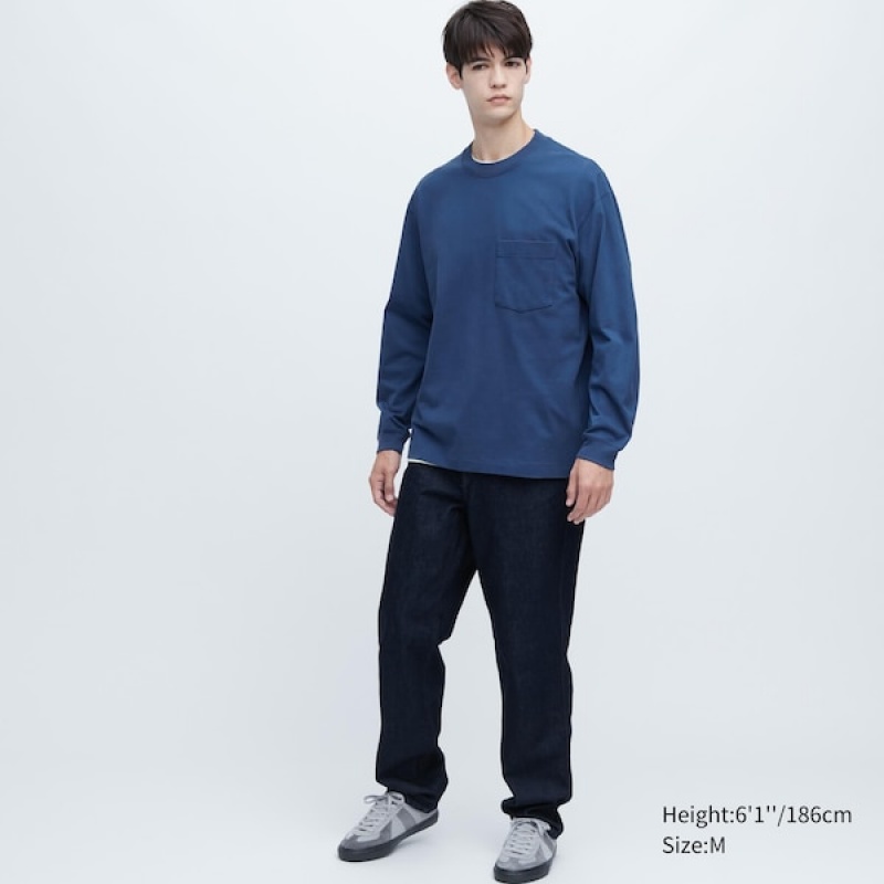 Uniqlo Washed Bomulds Crew Neck Long-Sleeve Sweatshirts Herre Blå | 9187-HJAGT