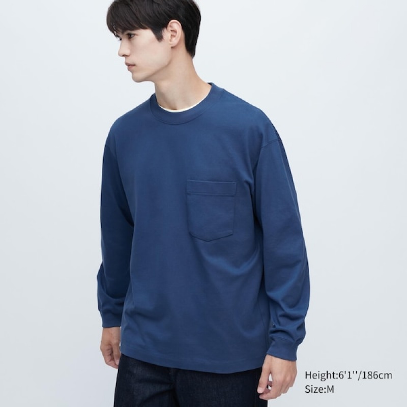 Uniqlo Washed Bomulds Crew Neck Long-Sleeve Sweatshirts Herre Blå | 9187-HJAGT