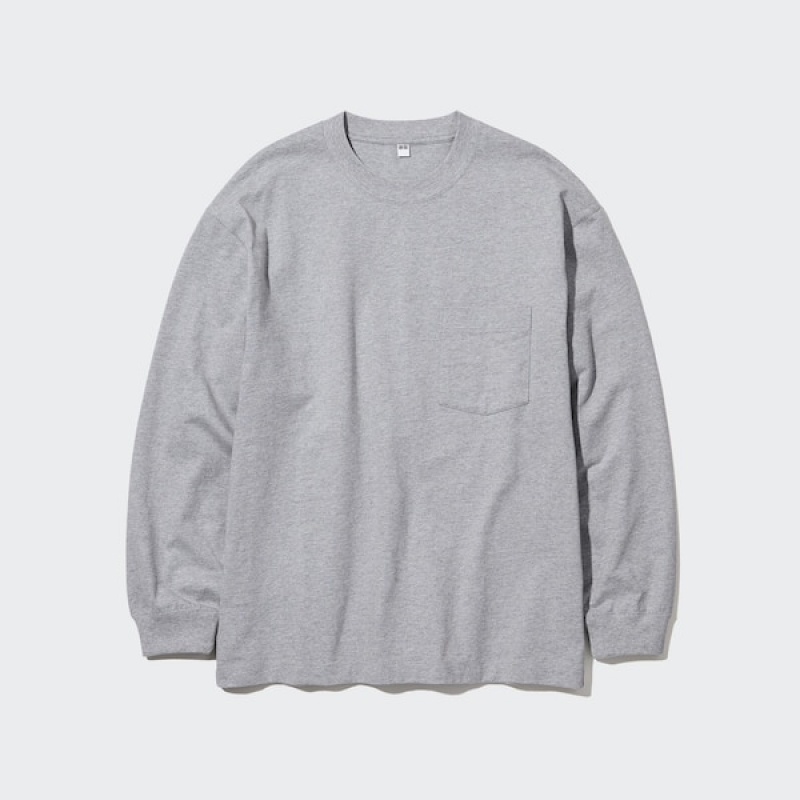 Uniqlo Washed Bomulds Crew Neck Long-Sleeve T Shirts Herre Grå | 7846-ZORFC