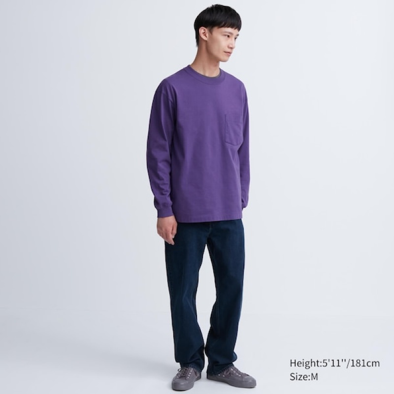 Uniqlo Washed Bomulds Crew Neck Long-Sleeve T Shirts Herre Grå | 3089-ILNOH