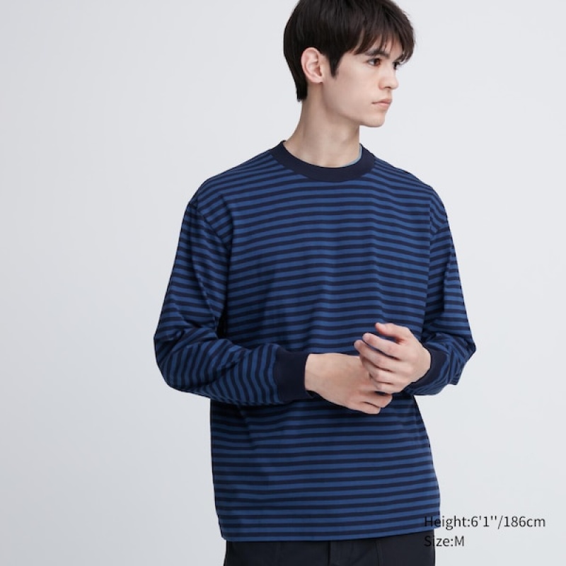 Uniqlo Washed Bomulds Oversized Crew Neck Long-Sleeve T Shirts Herre Blå | 7321-VECDY